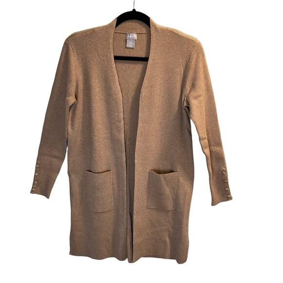 Chico's Petite Ribbed Front Pocket Long Cardigan Sweater Tan Khaki Size 0P Cozy - Picture 2 of 15